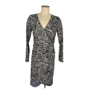 GYPSY by MARA HOFFMAN Dress S Black White Stretch Faux Wrap Knee Length Midi
